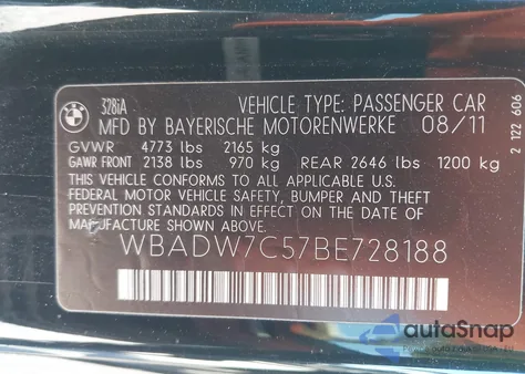 2011 BMW 328I из США, поврежденный, VIN WBADW7C57BE728188